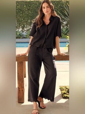 EVEREVE DESIGNHISTORY Eden Gauze Eyelet Wideleg Pants with Pockets Size S Black